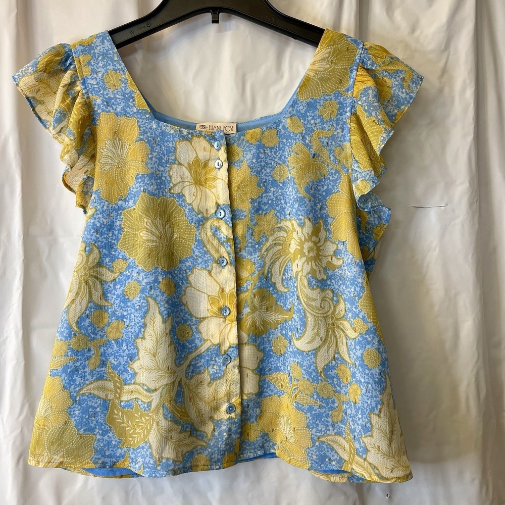 Floral Square-Neck Blouse in Blue & Yellow by